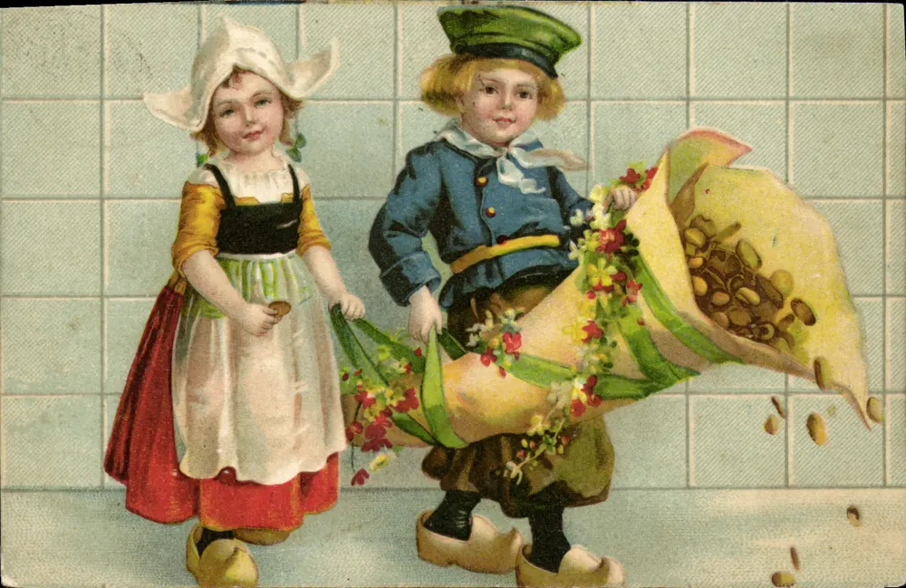 Kinder in niederländischen Kostümen — Junge mit einem großen Blumen- und Haselnussbouquet — Verlag unbekannt - Vorderseite