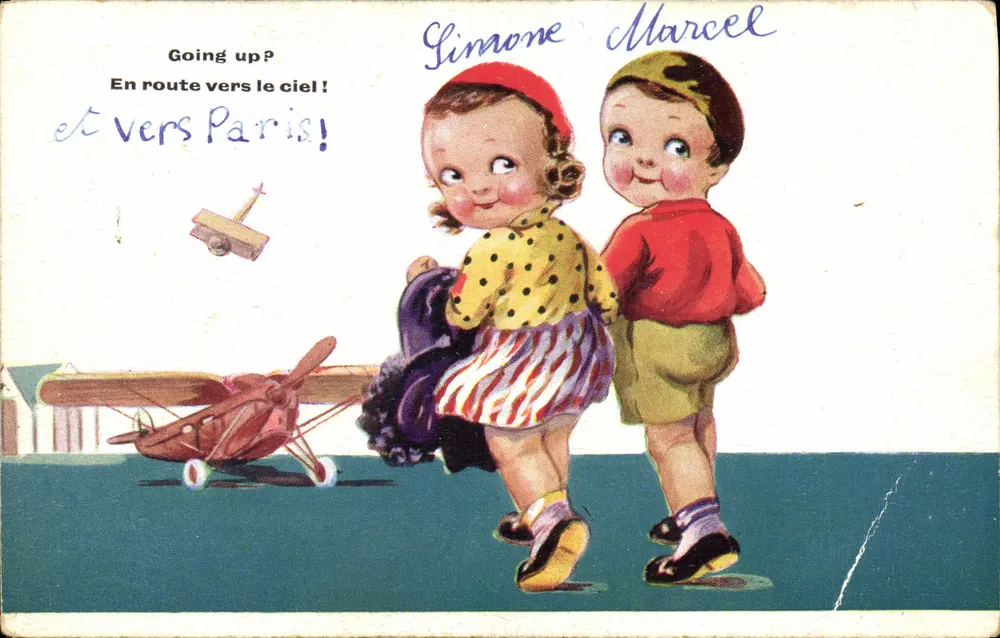 Deux enfants jouant avec un avion — série 'Comique' — INTER-ART CO. LTD. n°7604 - Vorderseite