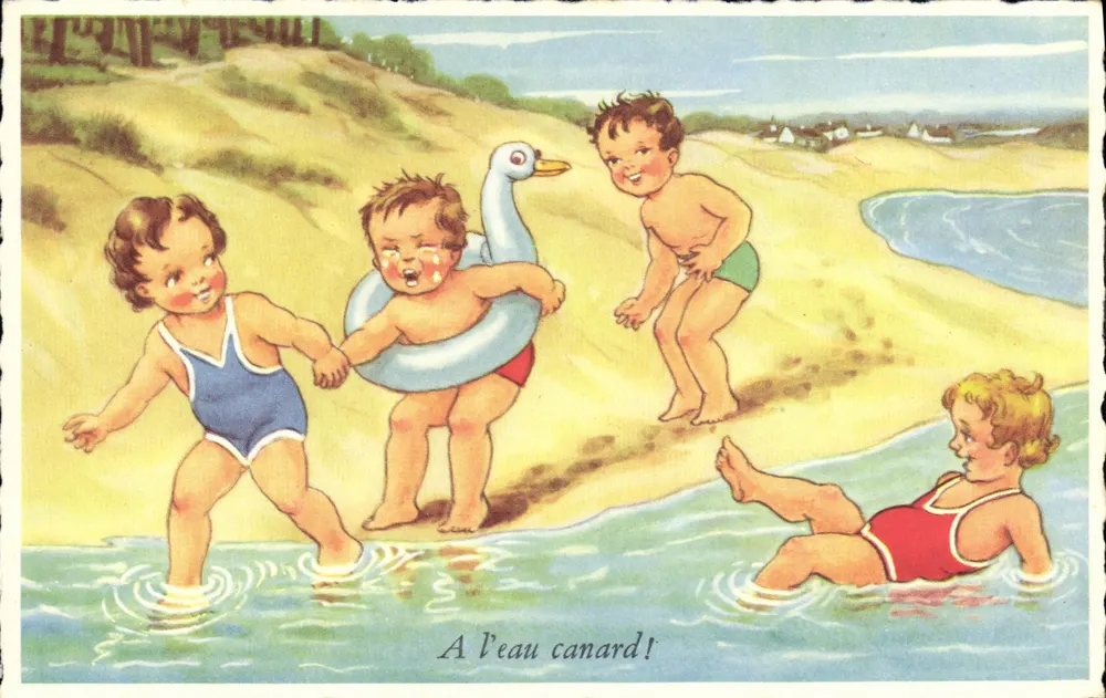 Kinder, die am Strand spielen — Ins Wasser, Ente! — M.D. Paris, Serie n°015 - Vorderseite