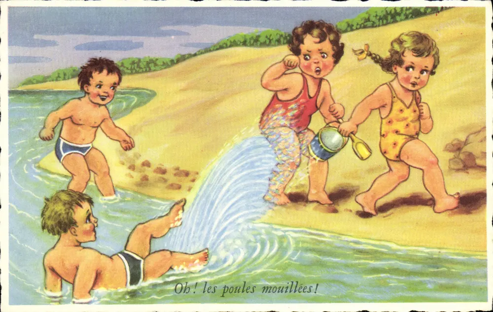 Kinder spielen am Strand — Ob! die nassen Hühner! — M.D. Paris, Serie Nr. 015 - Vorderseite