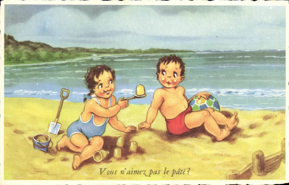Zwei Kinder am Strand — mit Sand spielen — M.D. Paris, Serie Nr. 015 - Vorderseite