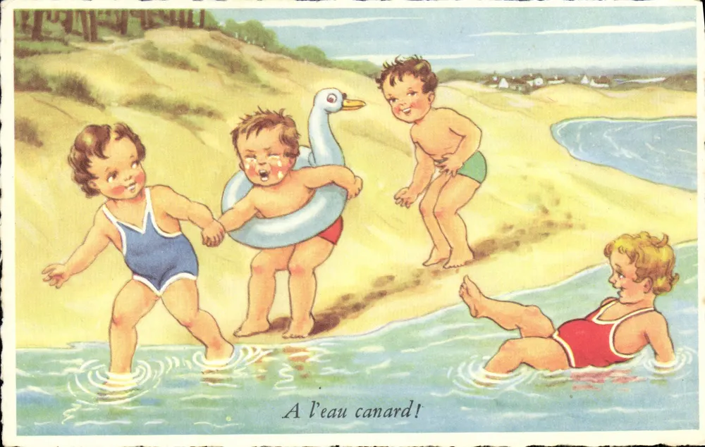Kinder, die am Strand spielen — Ins Wasser, Gans! — M.D. Paris, Serie Nr. 015 - Vorderseite