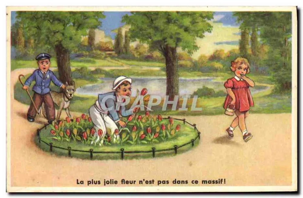 Kinder im Park — Tulpen und Hund — Verlag nicht sichtbar - Vorderseite