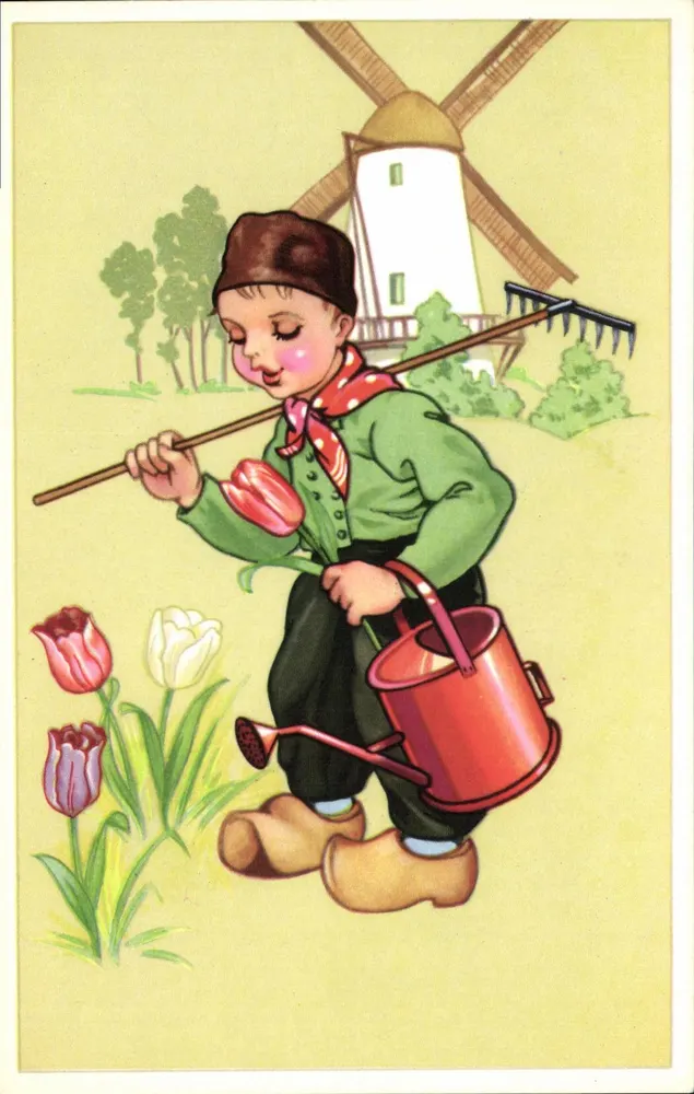 Gartenkind mit Tulpen — Windmühle im Hintergrund — Nr. 136 - Vorderseite