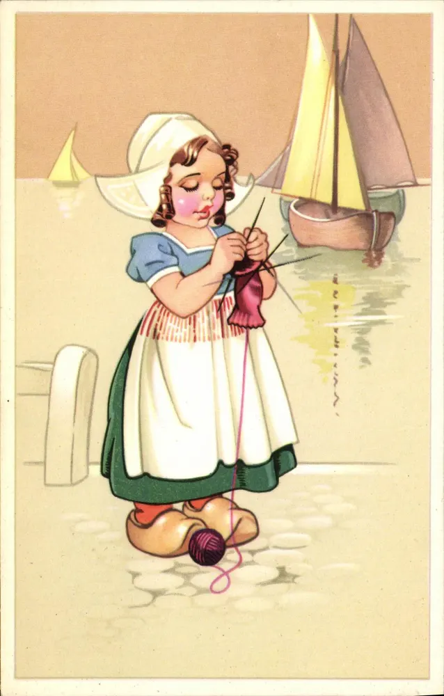 Kleine Mädchen in niederländischem Kostüm — Strickend am Kai — Verlag SB SPECIAL n° 3161 - Vorderseite