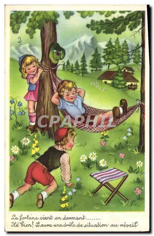 Kinder in einem alpinen Landschaft — Das Glück kommt beim Schlafen — Verlag nicht sichtbar - Vorderseite