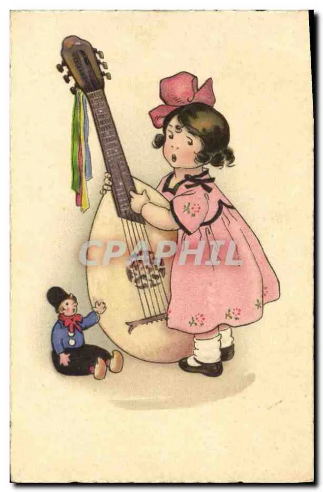 Mädchen, das die Mandoline spielt — kleiner Charakter an ihren Füßen — Verlag nicht sichtbar - Vorderseite
