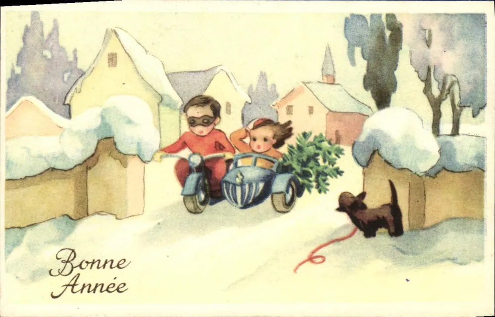 Kinder auf einem schneedeckten Roller — Frohe Weihnachten — Illustrierte Karte - Vorderseite
