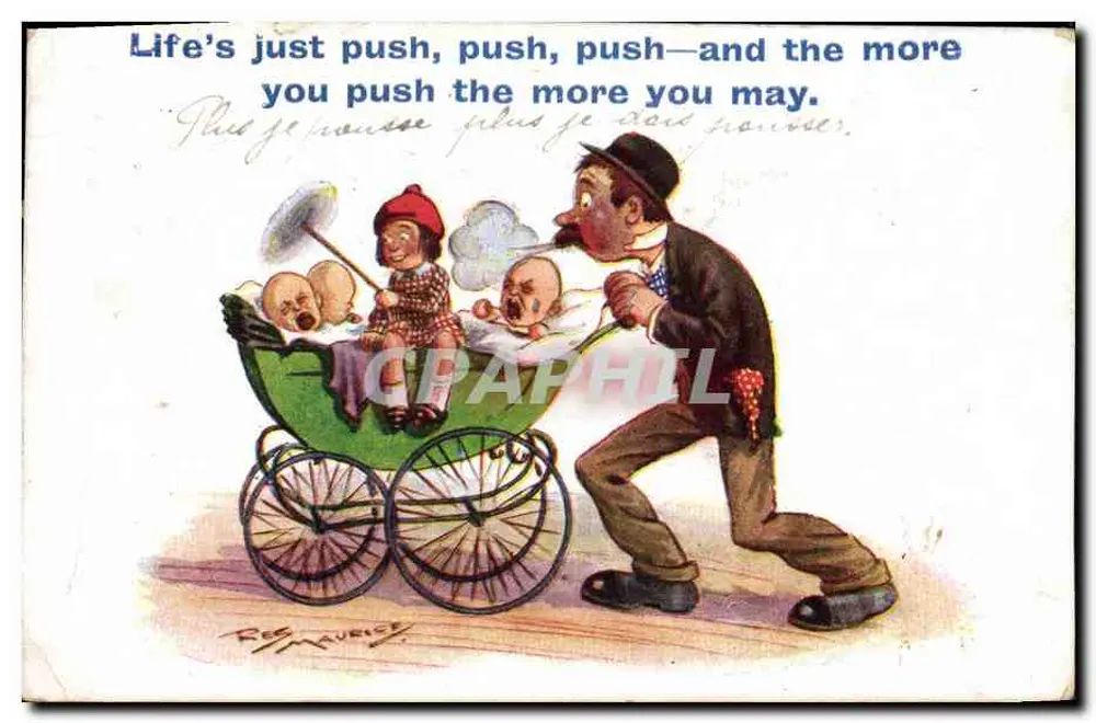 Humoristische Karte — Mann, der einen Kinderwagen mit Babys schiebt — Zeichnung von Ree Maurice - Vorderseite