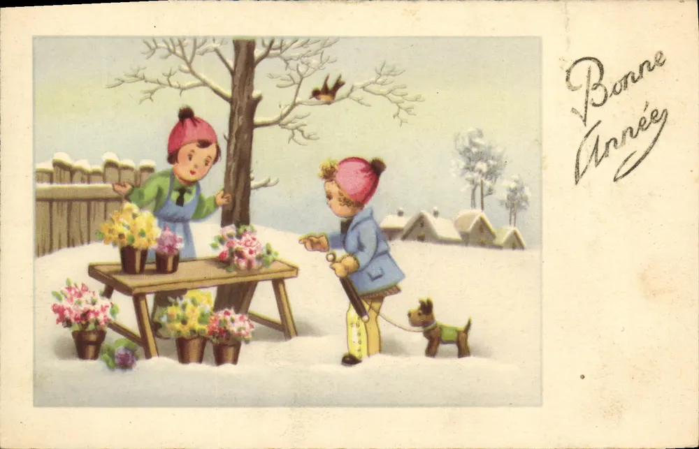 Kinder und Blumen im Winter — Weihnachtsmarkt-Szene — Verlag IMPRIMÉ SUR LA CARTE - Vorderseite