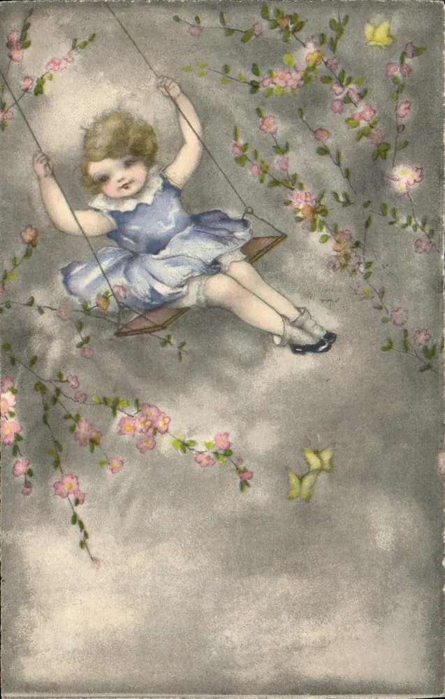 Mädchen, das auf einer Schaukel spielt — Kirschblüten und Schmetterlinge — Verlag nicht sichtbar - Vorderseite
