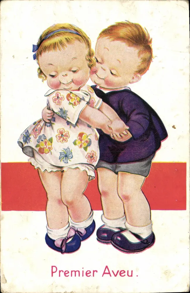 Zwei Kinder, die sich küssen — Erste Beichte — Fox Post Card n°3924 - Vorderseite