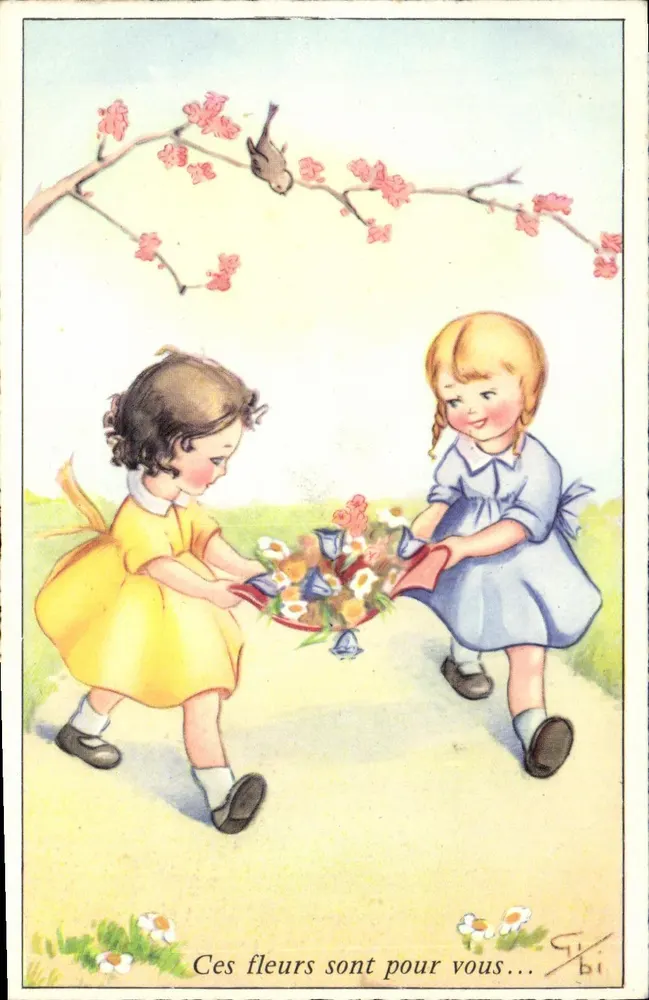 Zwei Kinder, die einen Blumenstrauß austauschen — Illustration von F. bi — Serie 3.630 - Vorderseite