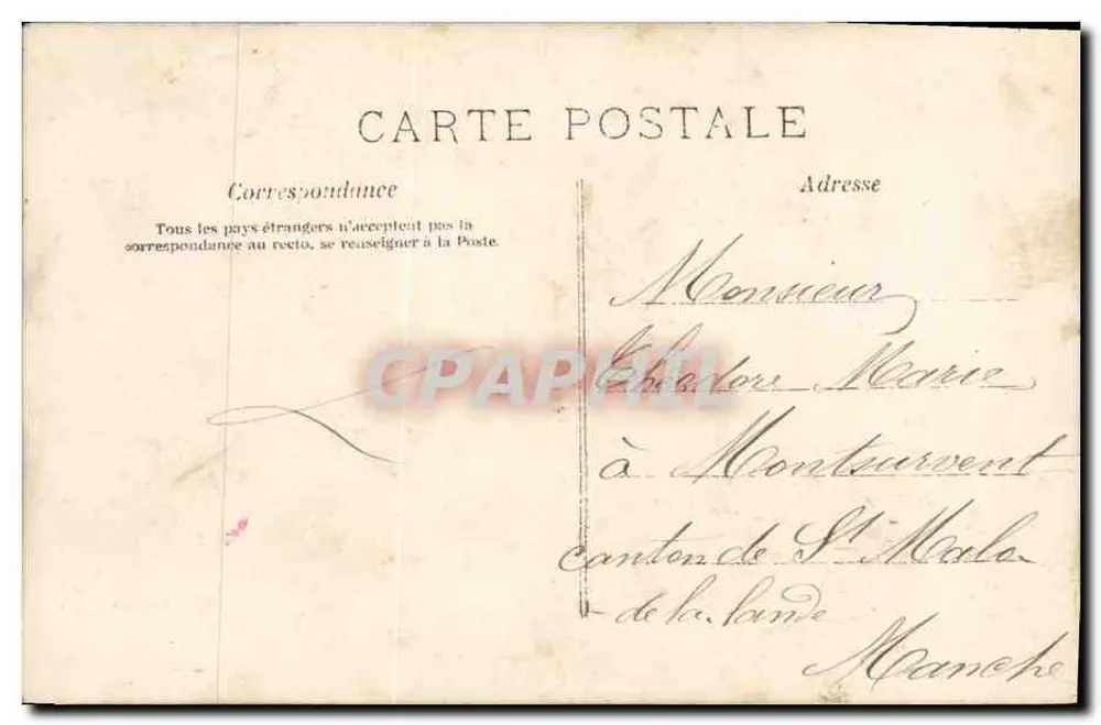 Zwei Kinder mit Blumenstrauß — Frohe Geburtstagskarte — 10c blauer Frankreich-Stempel - Rückseite
