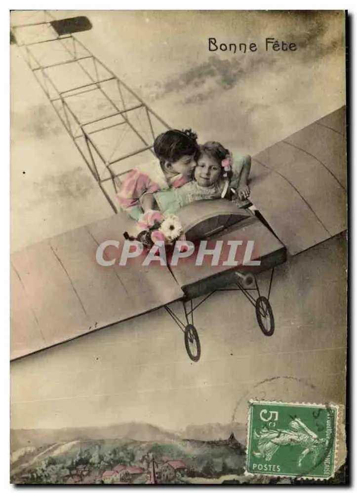 Zwei Kinder in einem Flugzeug — Frohe Geburtstagskarte — Verlag: L. Gaudin, Nancy - Vorderseite