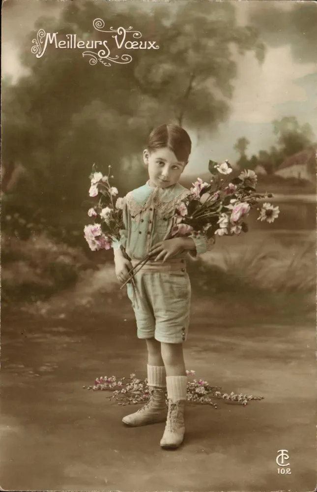 Kind mit Blumenstrauß — Beste Wünsche, Serie 102 — Verlag TC - Vorderseite