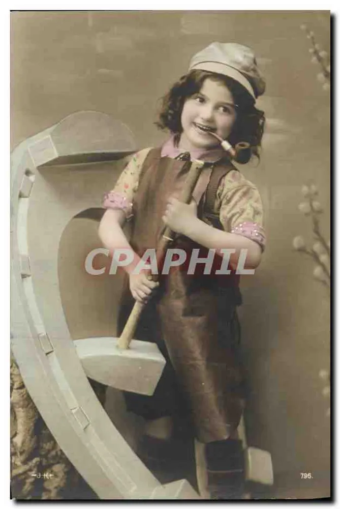 Mädchen in Schreiner-Outfit — Pose mit Hammer und Leiter — Verlag J.-K. Nr. 796 - Vorderseite