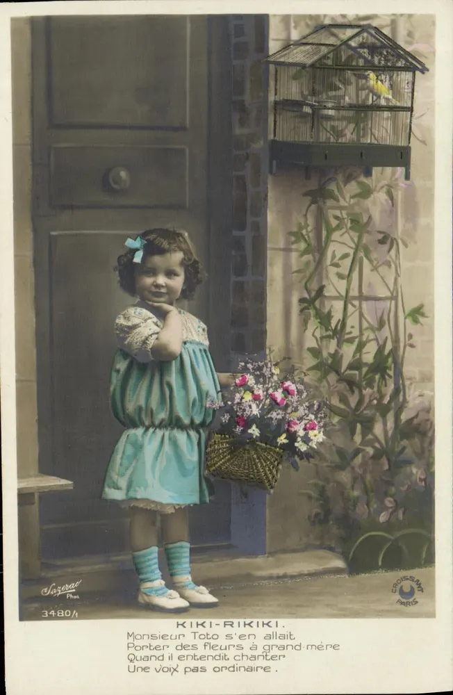 Kiki-Rikiki — Kleines Mädchen mit einem Blumenkorb neben einem Vogelkäfig — Sazerat, Paris, n°3480 - Vorderseite