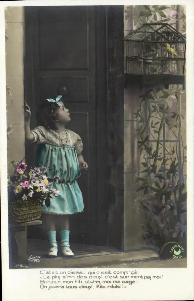 Kleine Mädchen und Vogel in einer Käfig — Croissy-sur-Seine — Croissy Paris Phot - Vorderseite