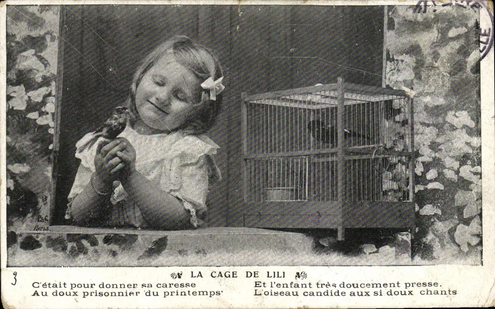 Kind, das ein Vogel streichelt — Lili's Käfig — Verlag Paris, Nr. 9 - Vorderseite