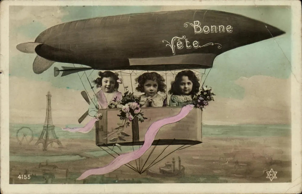 Trois enfants dans un dirigeable — scène parisienne avec la Tour Eiffel — éditeur IPO, n° 4155 - Frente