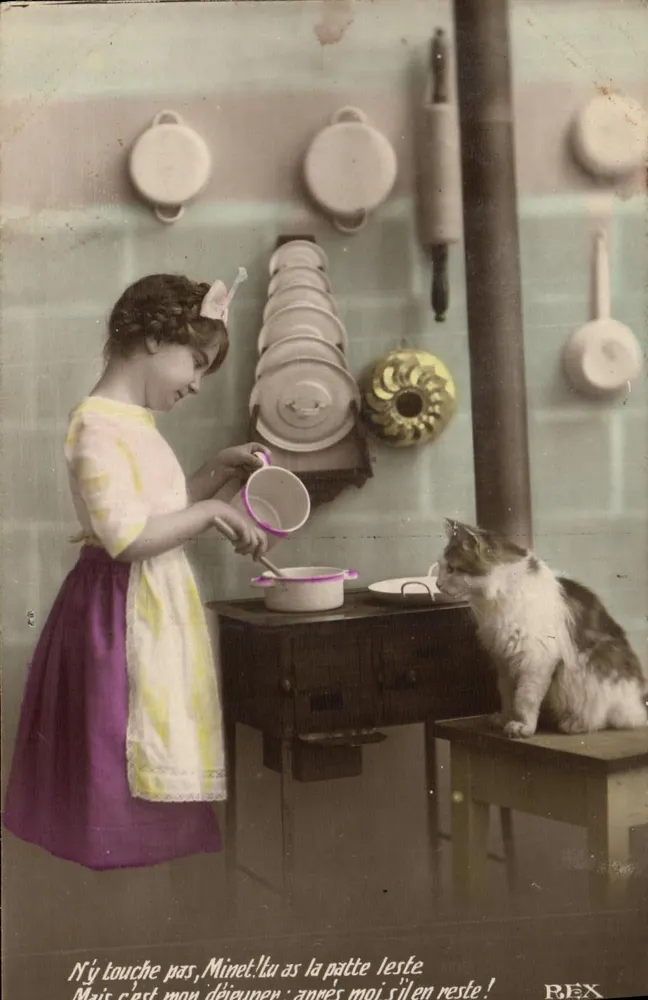 Kleine Mädchen und Katze in der Küche — gedruckter Text — Verlag REX - Vorderseite