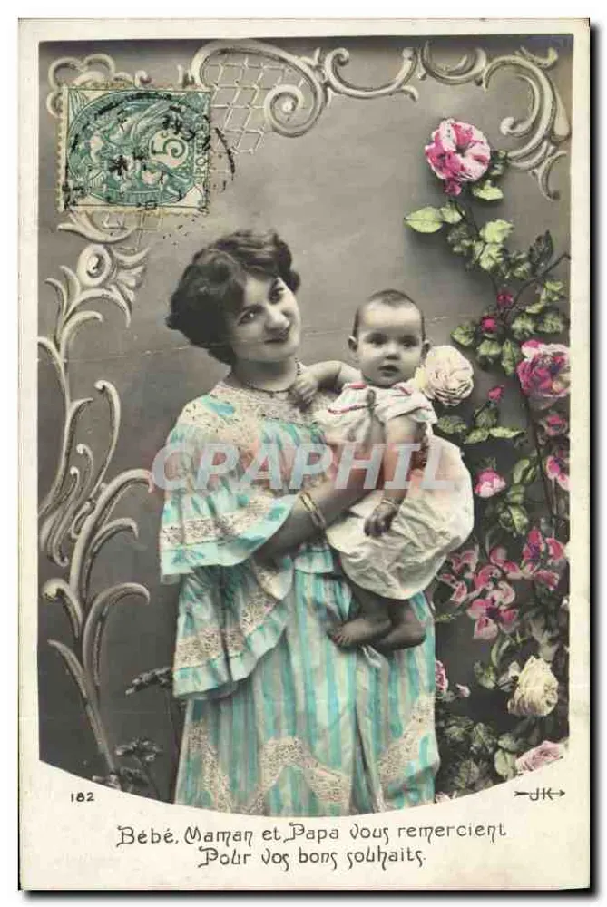 Baby, Mama und Papa — FamilienSzene mit Rose — Verlag J.K. n°182 - Vorderseite