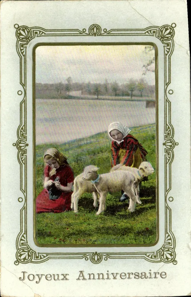 Zwei junge Mädchen mit Lämmern — pastorale Szene — Verlag ARNO-ARTCHROM, Serie 4041 - Vorderseite