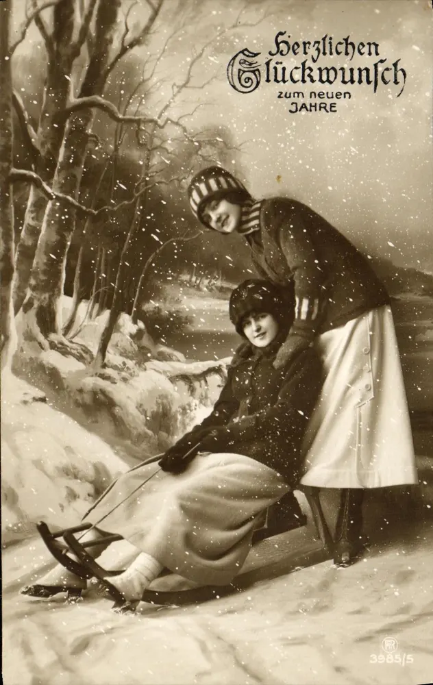 Zwei junge Frauen, die eine Schlucht mit Schlitten hinabfahren — Winterlandschaft — Verlag PR, Nr. 3985/5 - Vorderseite