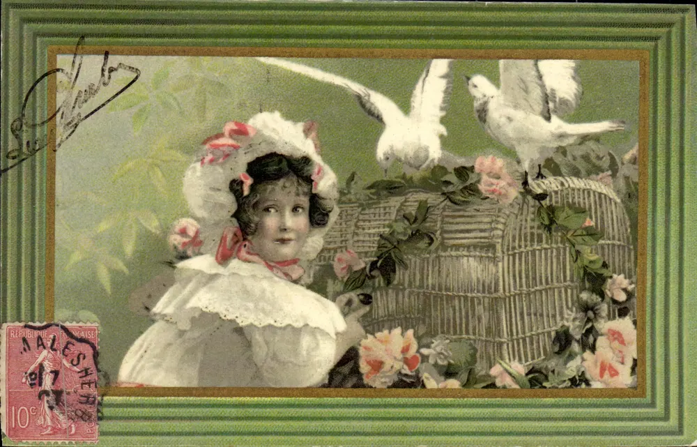 Mädchen mit Tauben — Garten-Szene — Verlag TRADE MARK, Nr. 654 - Vorderseite