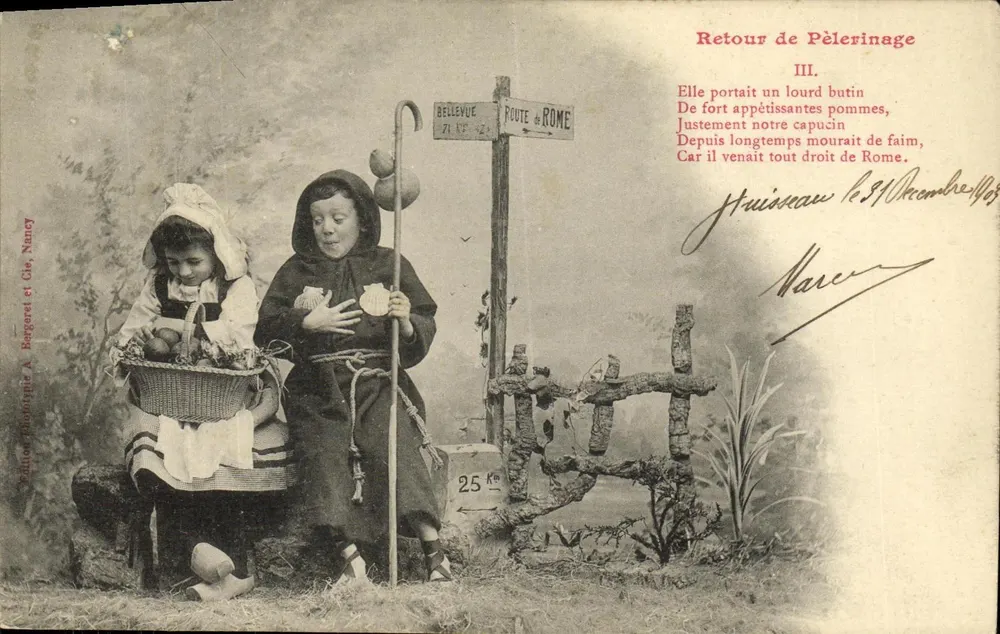 Zwei Kinder in Pilgerkostüm — Rückkehr vom Pilgern III — Ausgabe A. Bergeret & Cie, Nancy - Vorderseite