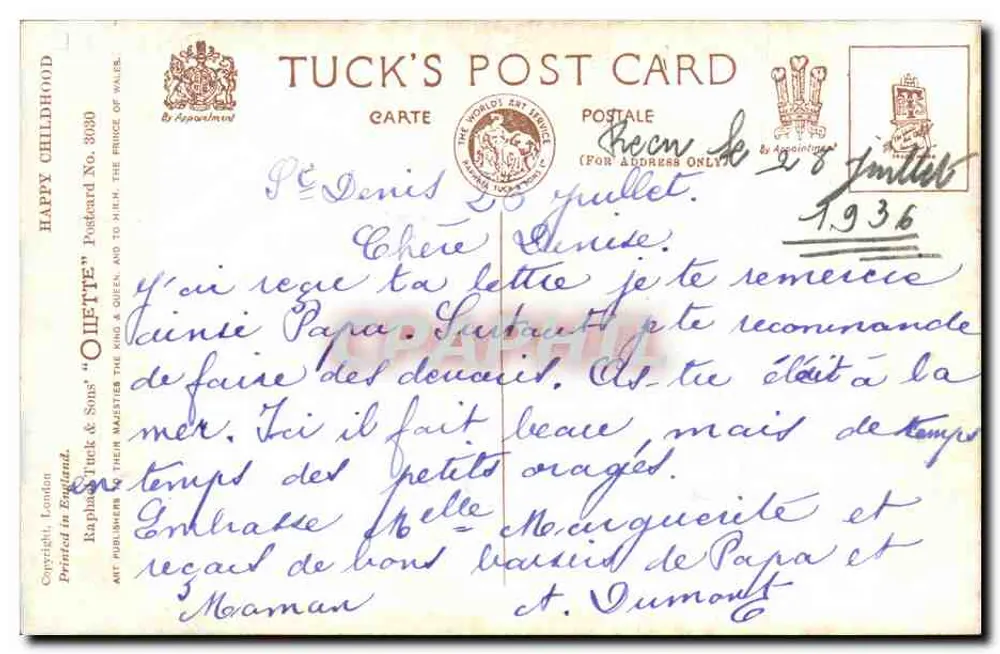 Kind in der Küche — 'When' — Villette & Tuck's Postcard No. 3030 - Rückseite