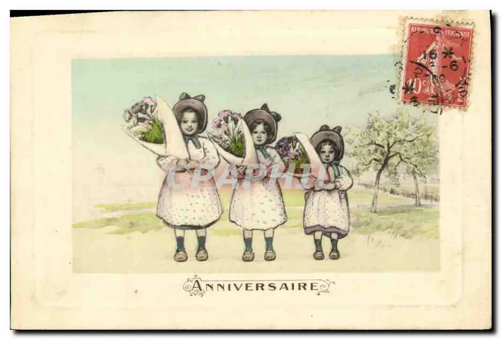 Drei kleine Mädchen mit Blumensträußen — Geburtstag — Serie 7015, Paris - Vorderseite
