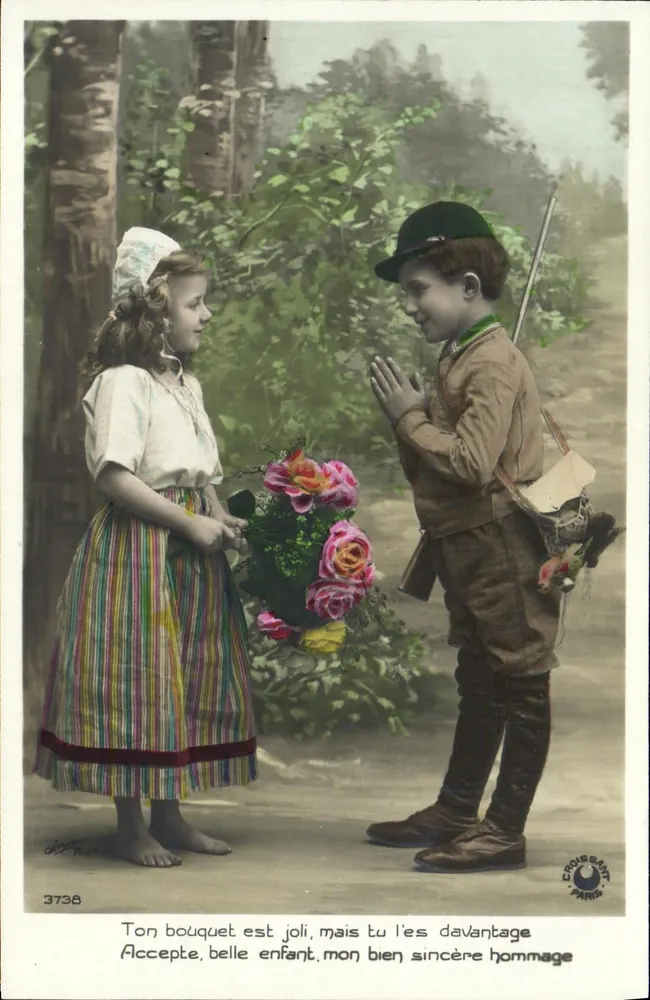Kind verleiht ein Blumenbouquet einer jungen Dame — Croissant Paris n° 3738 - Vorderseite
