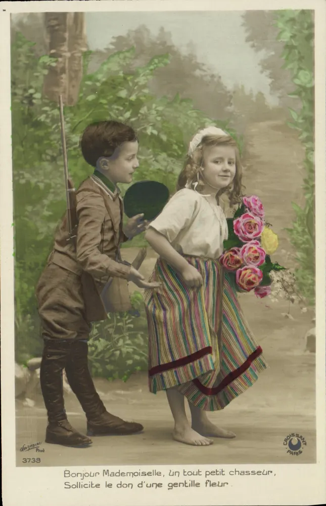 Jägerjunge, der einer kleinen Mädchen eine Blume fragt — Serie 3738 — J. Dazeron Phot, Croissant Paris - Vorderseite