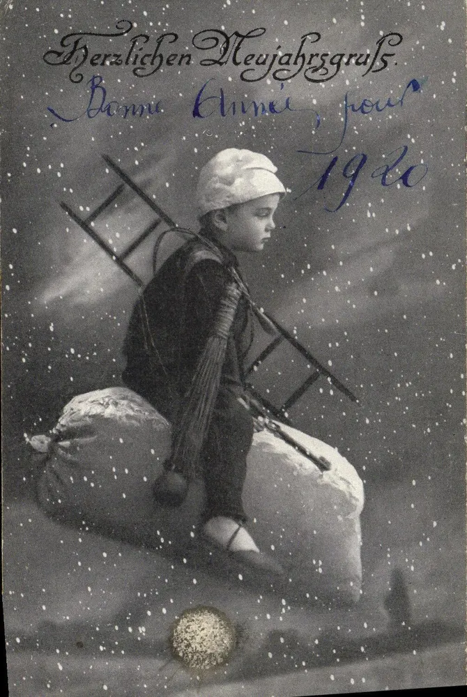 Kind mit Leiter und Sack — Neujahrsgruß für 1920 — Verlag nicht sichtbar - Vorderseite