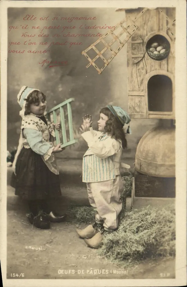 Zwei Kinder spielen mit Ostereiern — H. Manuel, Serie 154/6 - Vorderseite