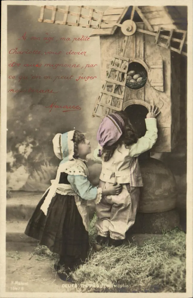 Zwei Kinder vor einem Windmühle — Eier entfernt (Mühle) — H. Manuel, Serie 184/5 - Vorderseite