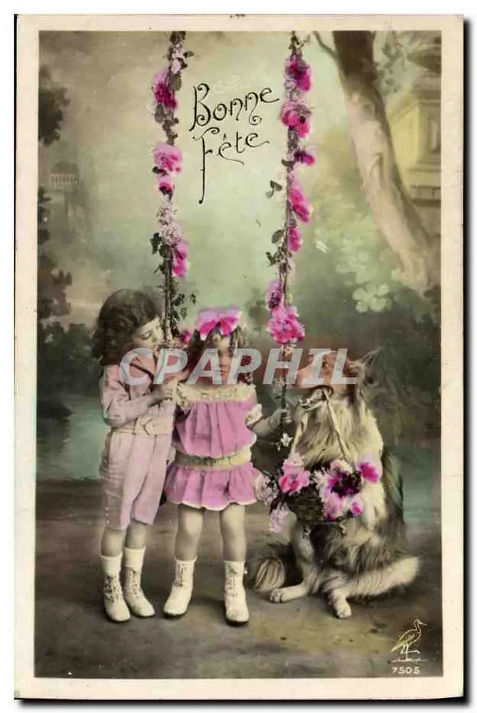Zwei Kinder und ein Hund mit Blumen dekoriert — Frohe Geburtstagskarte — unbekannter Verlag, Nr. 7505 - Vorderseite
