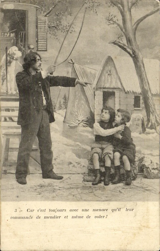 Straßenszene mit bedrohendem Bettler und zwei Kindern — Verlag LORIFTE, Paris, Nr. 3 - Vorderseite