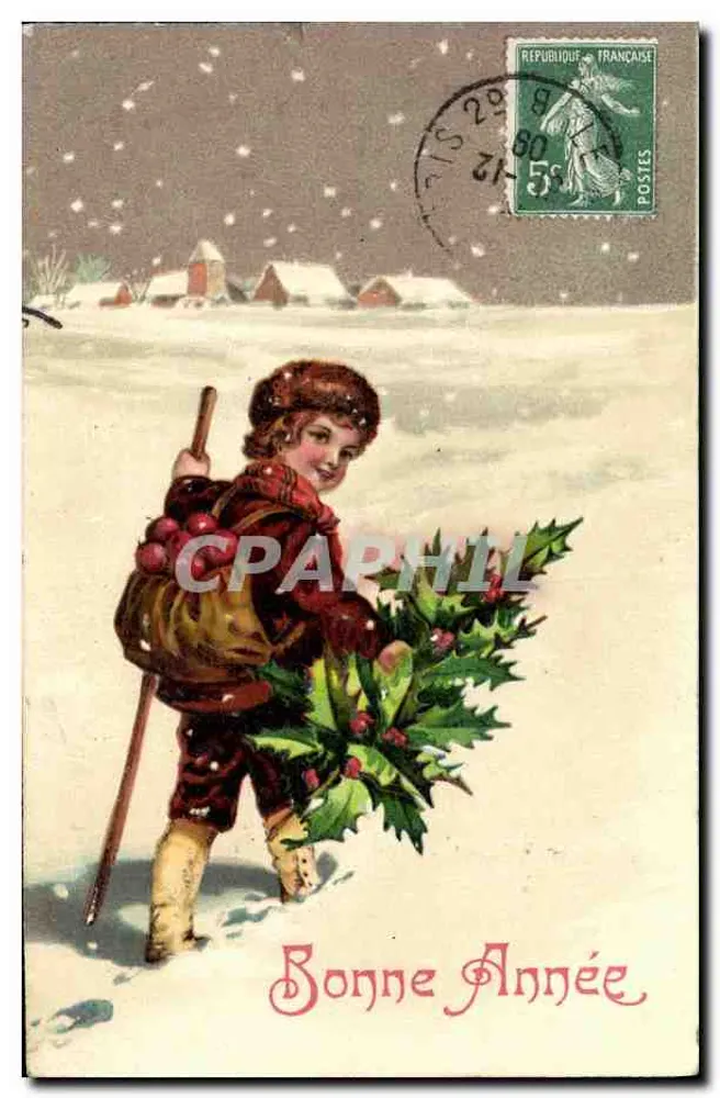 Kind mit Tannenkrone — Winterlandschaft — Serie 8005, in Deutschland gedruckt - Vorderseite