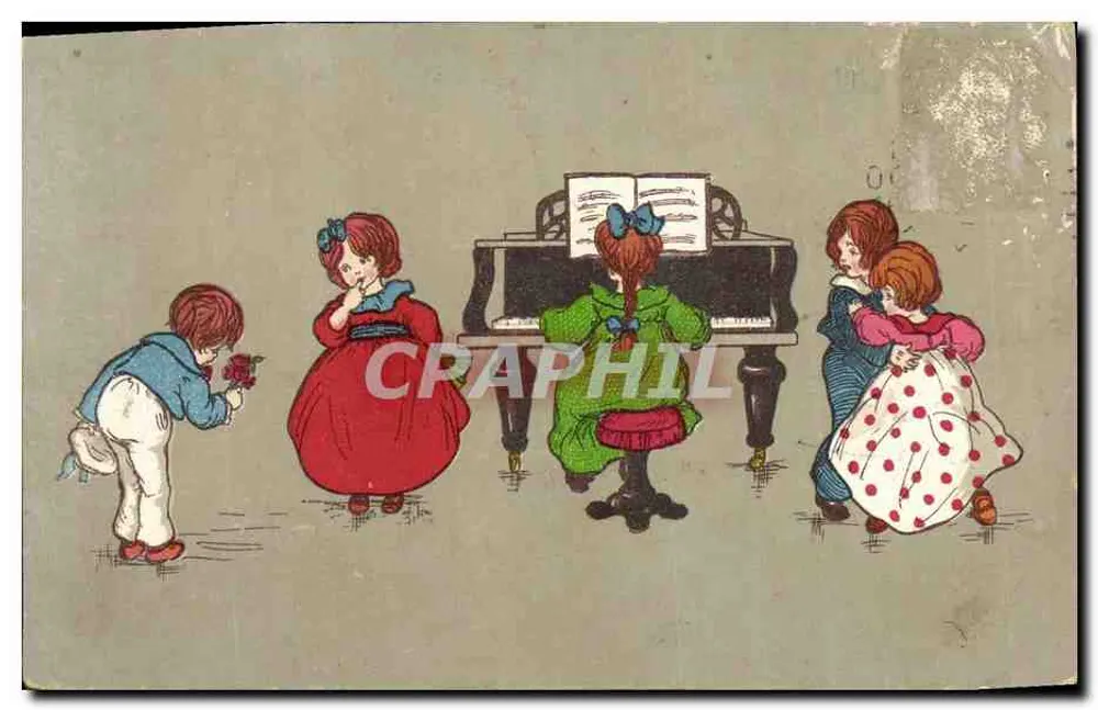 Enfants autour d'un piano — scène d'interprétation musicale — éditeur non visible - Vorderseite