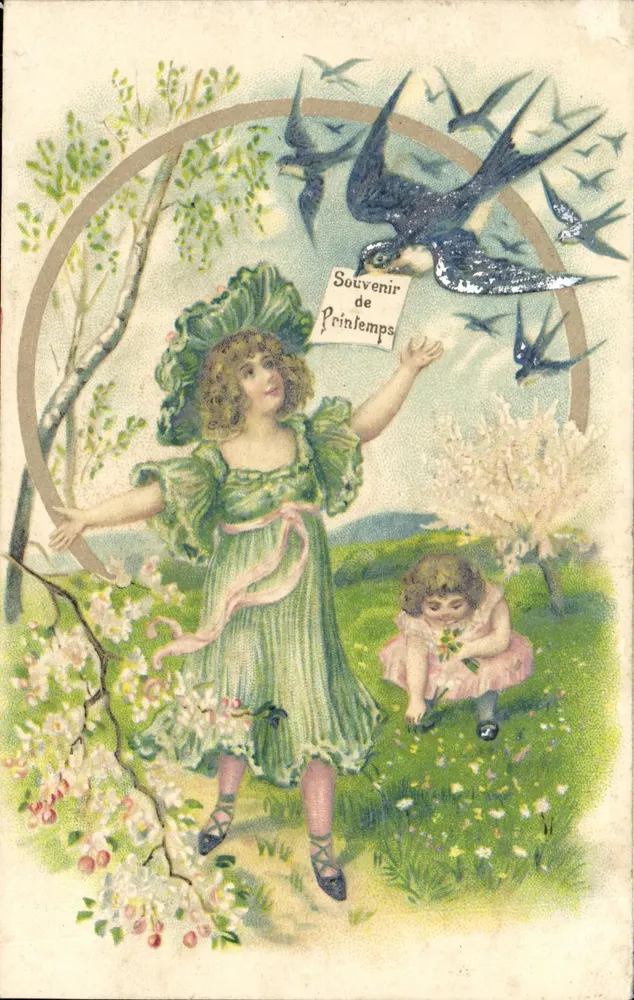 Frau und Kind in einem Frühlingsgarten — Erinnerung an den Frühling — Verlag nicht sichtbar - Vorderseite
