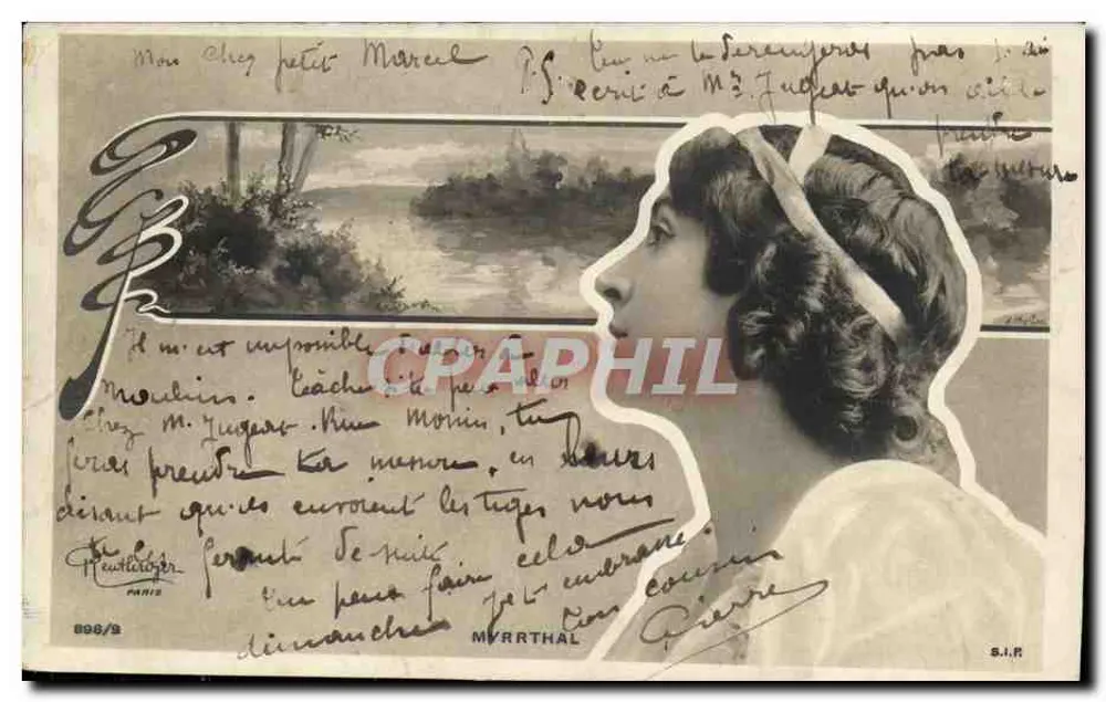 Junge Frau im Profil — Landschaftsansicht — Verlag M. R. Paris, Nr. 896/8 - Vorderseite