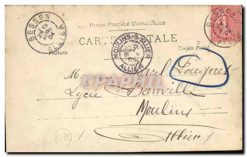 Junge Frau im Profil — Landschaftsansicht — Verlag M. R. Paris, Nr. 896/8 - Rückseite