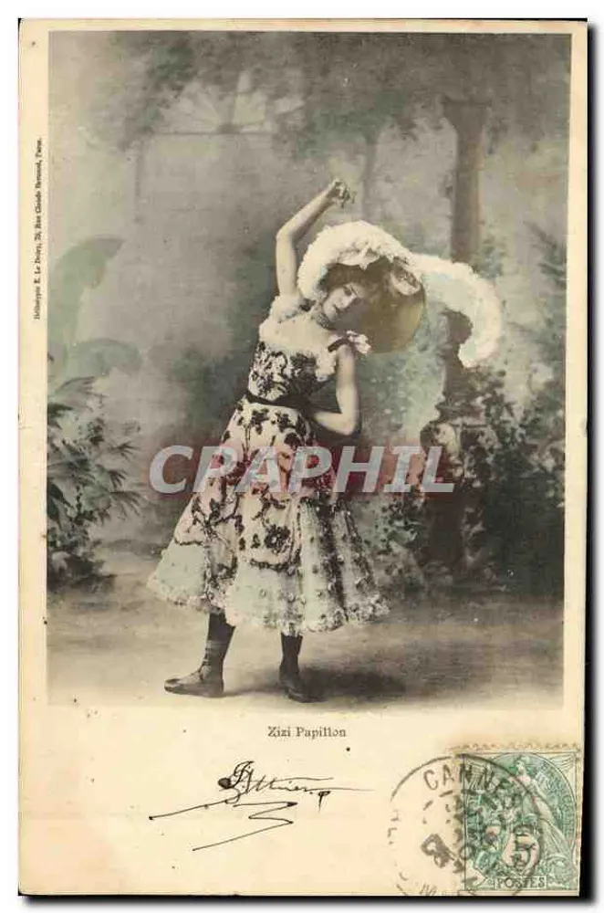 Zizi Papillon — Tänzerin in blühenden Kleidung und Hut mit Federn — veröffentlicht von J. Lévy, 20 Rue Claude Bernard, Paris - Vorderseite