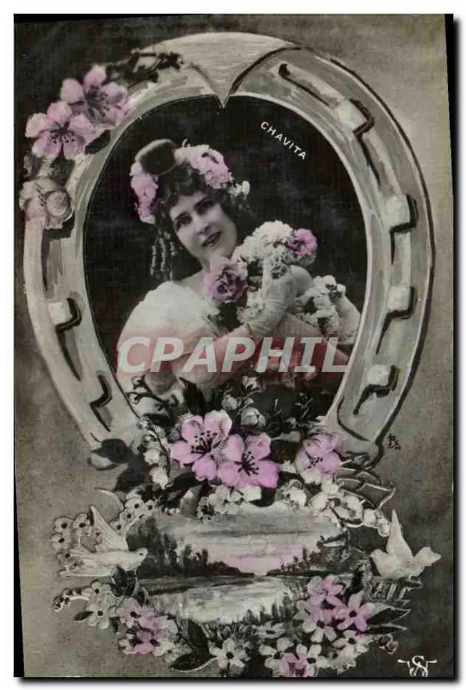 Chavita — Portrait in einem kunstvollen ovalem Rahmen mit Blumenverzierung — unbekannter Verlag, Seriennummer nicht sichtbar - Vorderseite