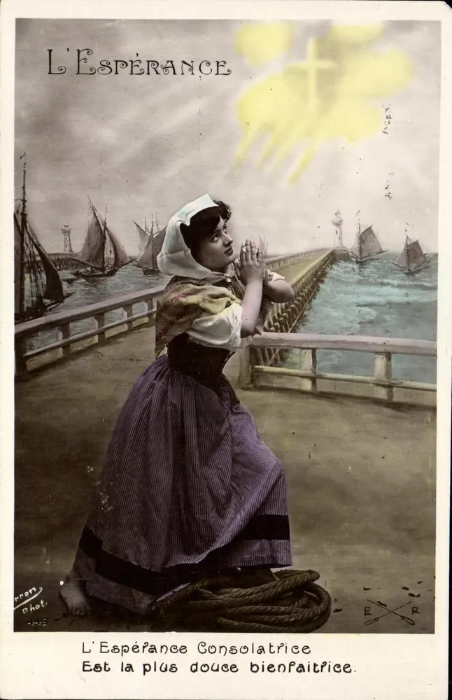 Die Hoffnung — Frau betend am Hafen — Phototypie E.P.R. - Vorderseite