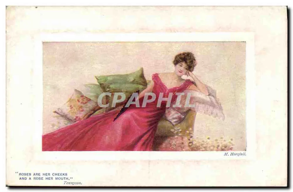 Frau in rotem Kleid — Zitat von Tennyson — M. Horzfall - Vorderseite