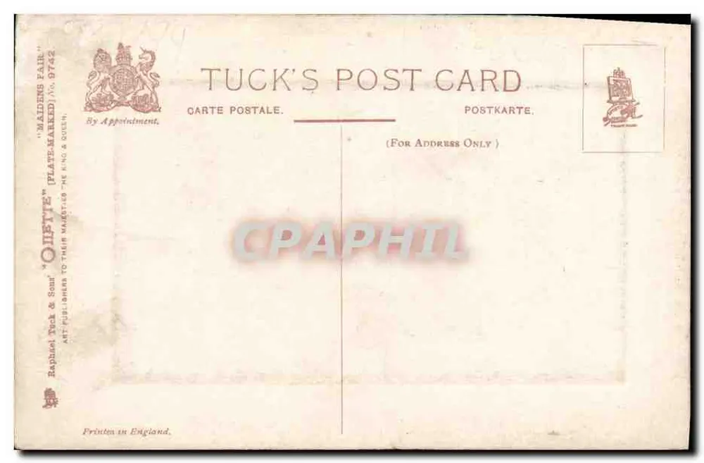 Frau in einem violetten Kleid auf einem grünen Sofa — 'ON SILKEN CUSHIONS HALF RECLINED.' — M. Horsfall, Verlag Tuck's Post Card, n° 9742 - Rückseite